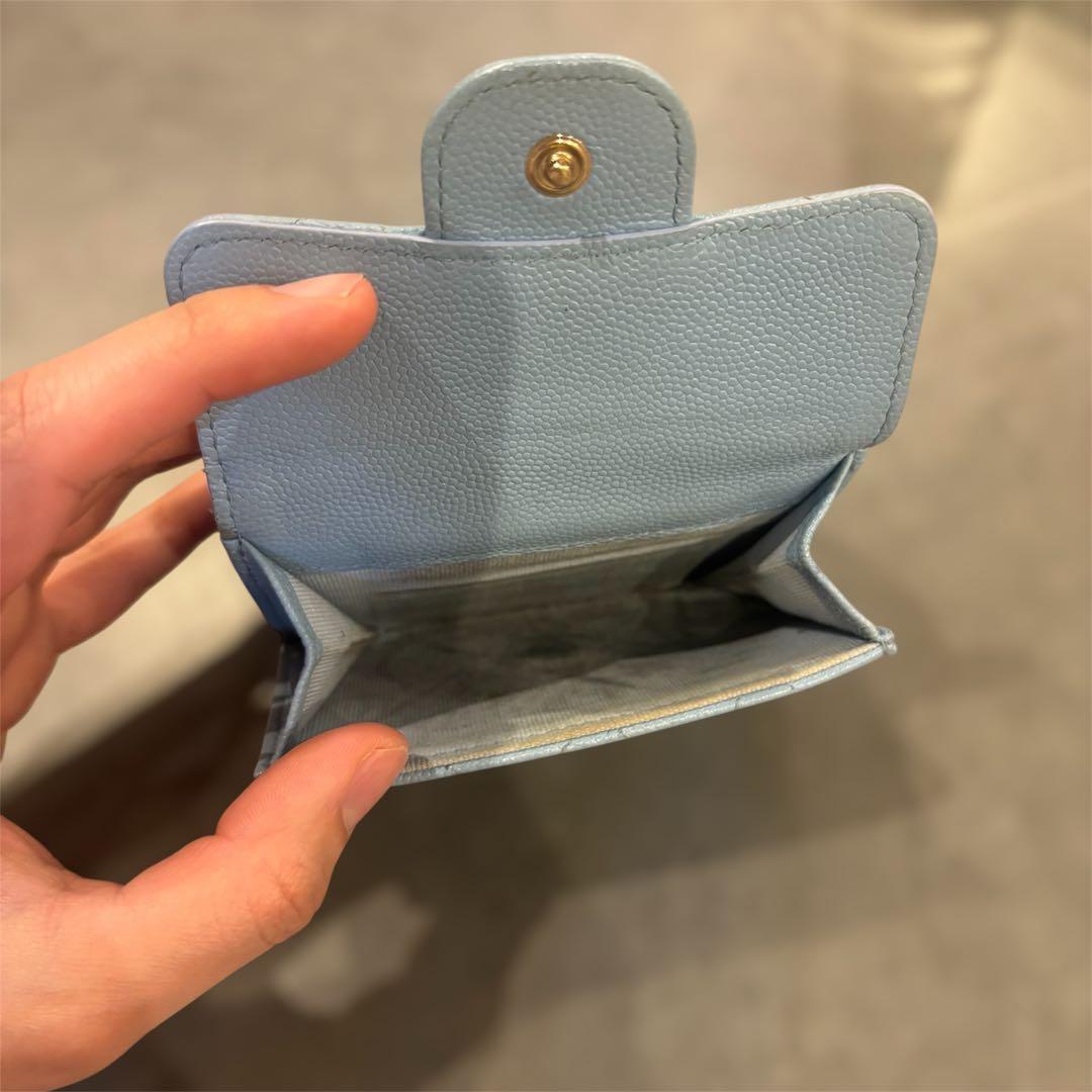 CHANEL 水色 三つ折り財布 キャビアスキン マトラッセ ブルー ウォレット