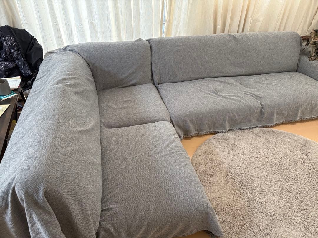グレー L字型ファブリックソファ