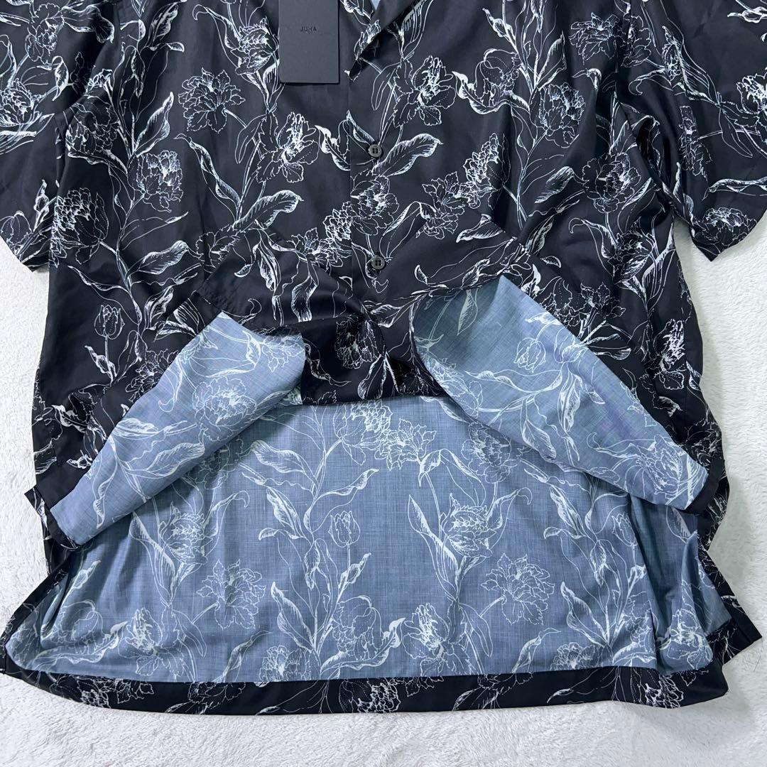 【JUHA (ユハ) 】極美品 極上サテン 開襟シャツ アロハ ブラック 総柄