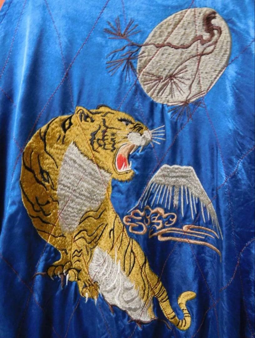 リバーシブル　サテン　スカジャン　L相当 虎　富士　月　ブルー×オレンジ系