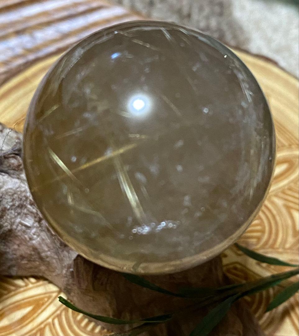 金針水晶 ゴールドルチル スモーキークォーツ スフィア 虹入 32mm オーバー