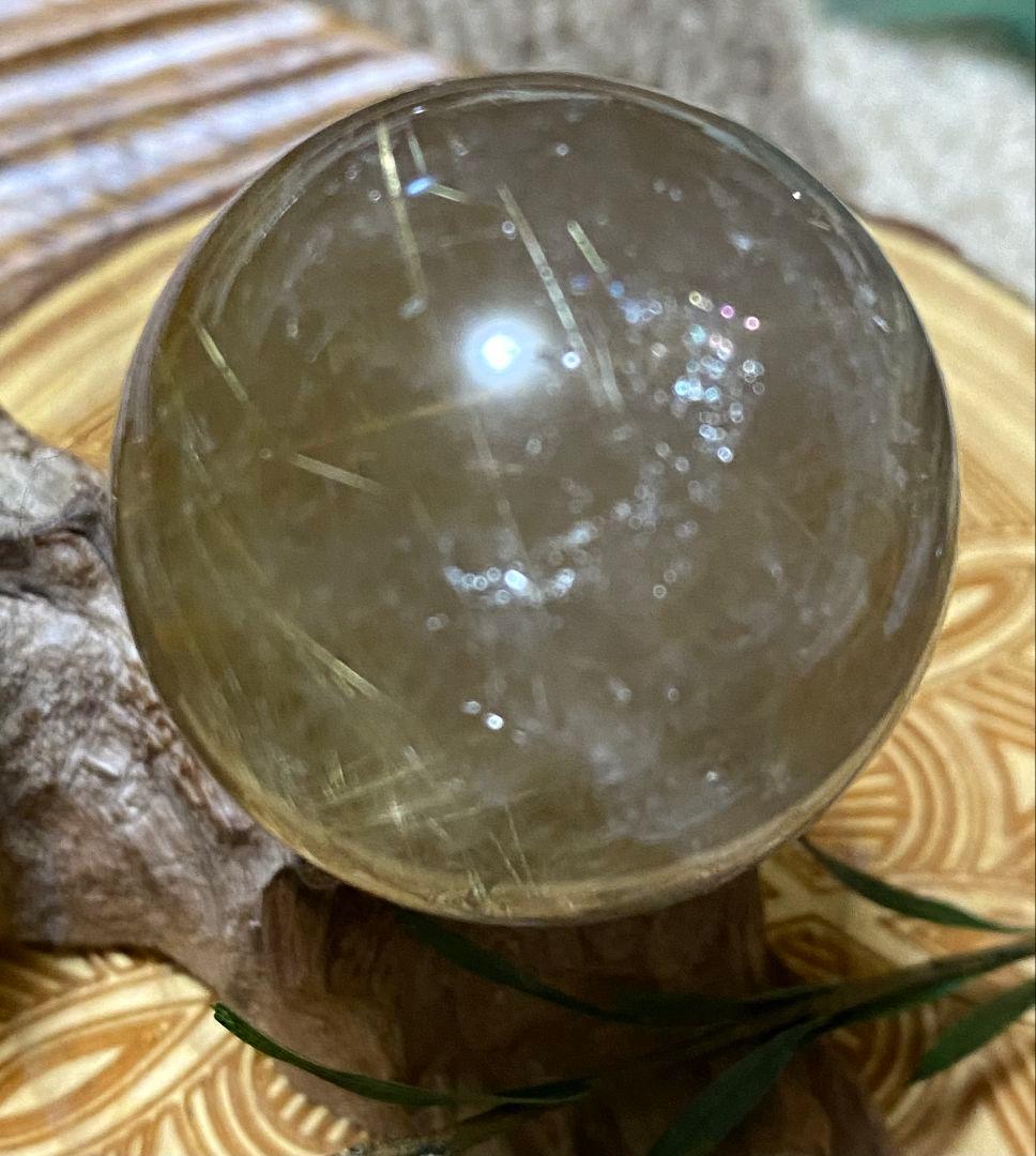 金針水晶 ゴールドルチル スモーキークォーツ スフィア 虹入 32mm オーバー