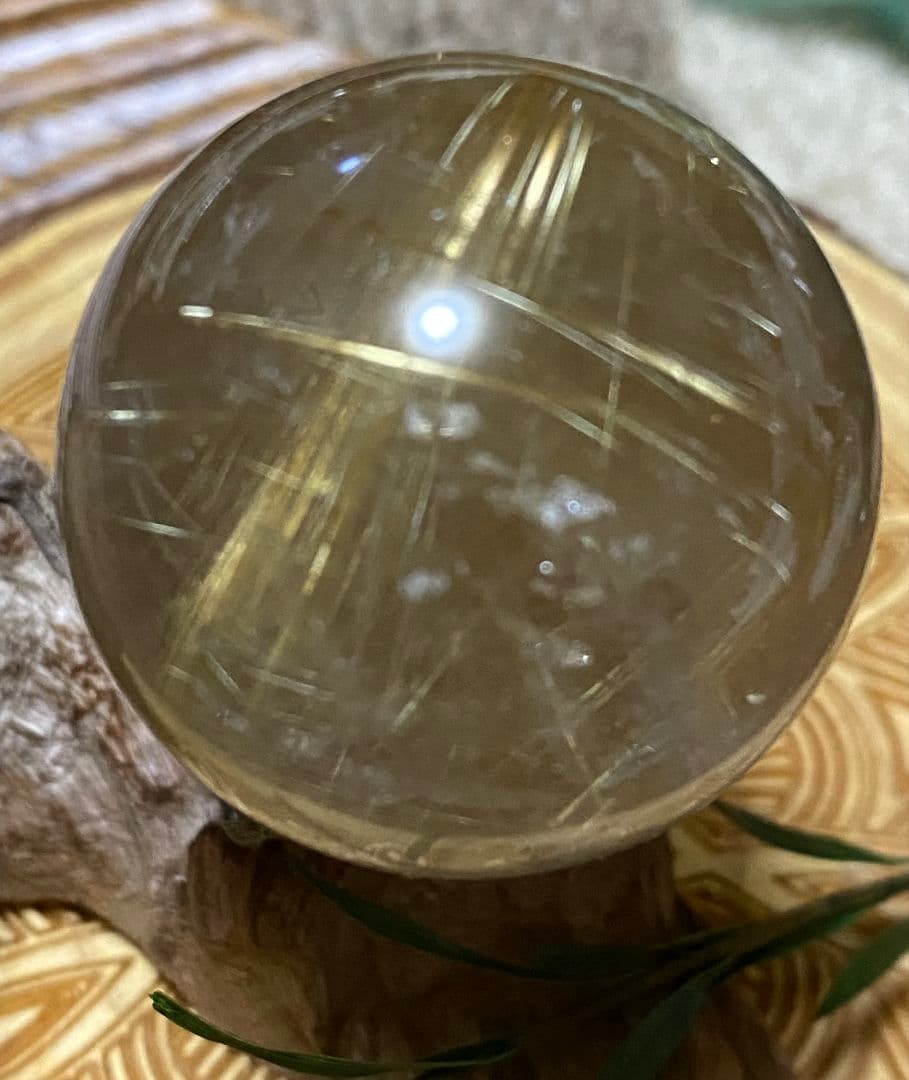 金針水晶 ゴールドルチル スモーキークォーツ スフィア 虹入 32mm オーバー