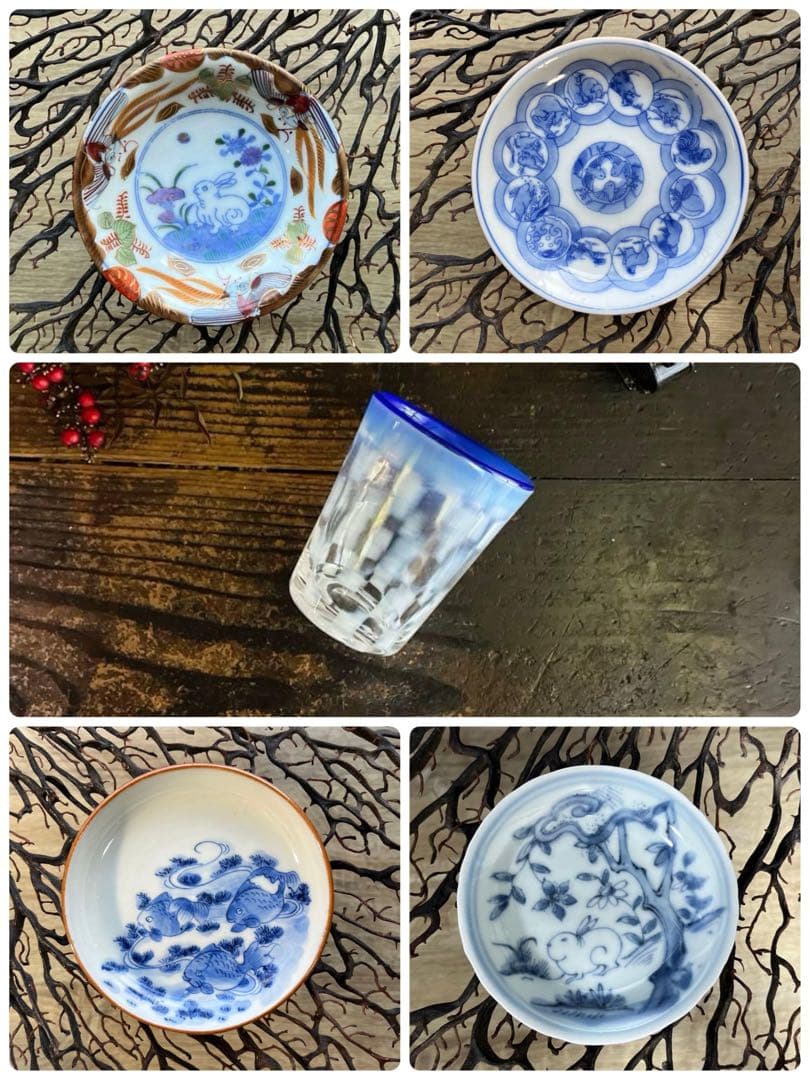 骨董　レトロ　希少　青フチ　乳白色　市松紋　ゴブレット　タンブラー パフェグラス