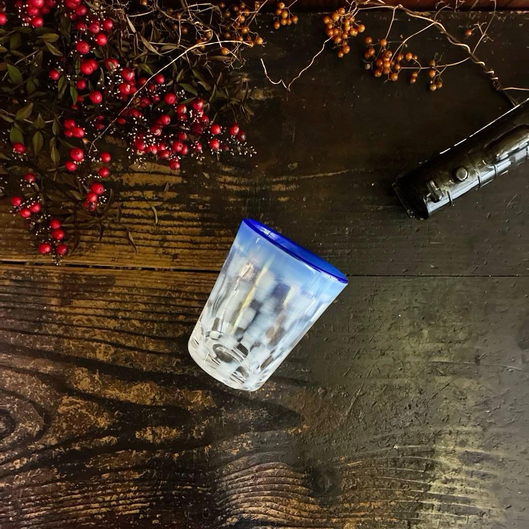 骨董　レトロ　希少　青フチ　乳白色　市松紋　ゴブレット　タンブラー パフェグラス