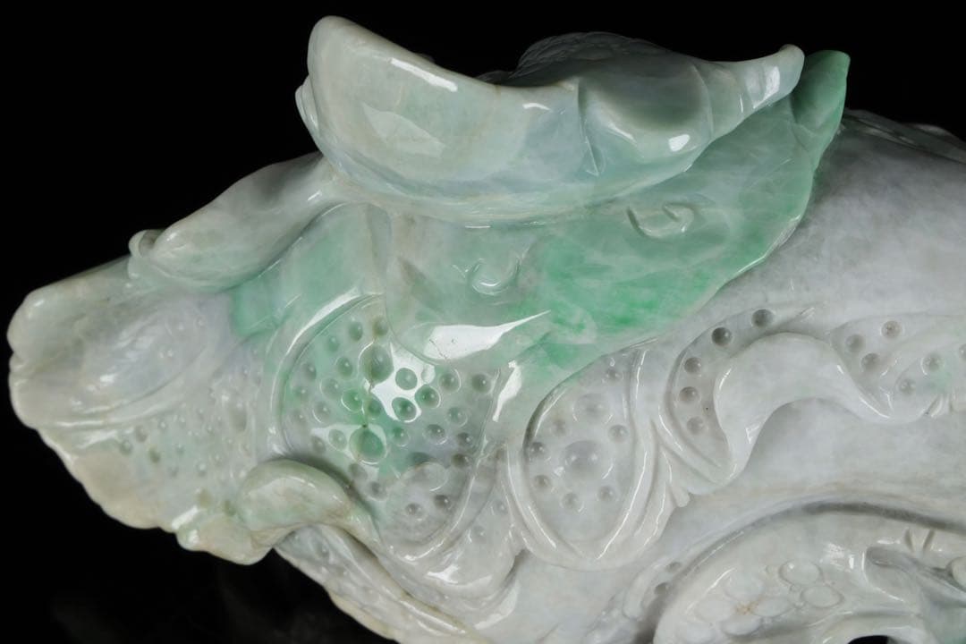 天然翡翠彫刻 青　白菜置物 2kg 細密細工 風水 財運招福 ヒスイ 翠玉美品