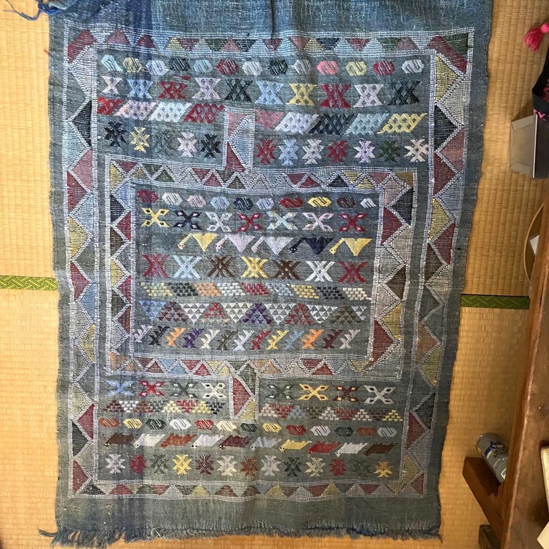 幾何学模様 手織り　ラグ　インディゴ　ヴィンテージ　キリム　デニム