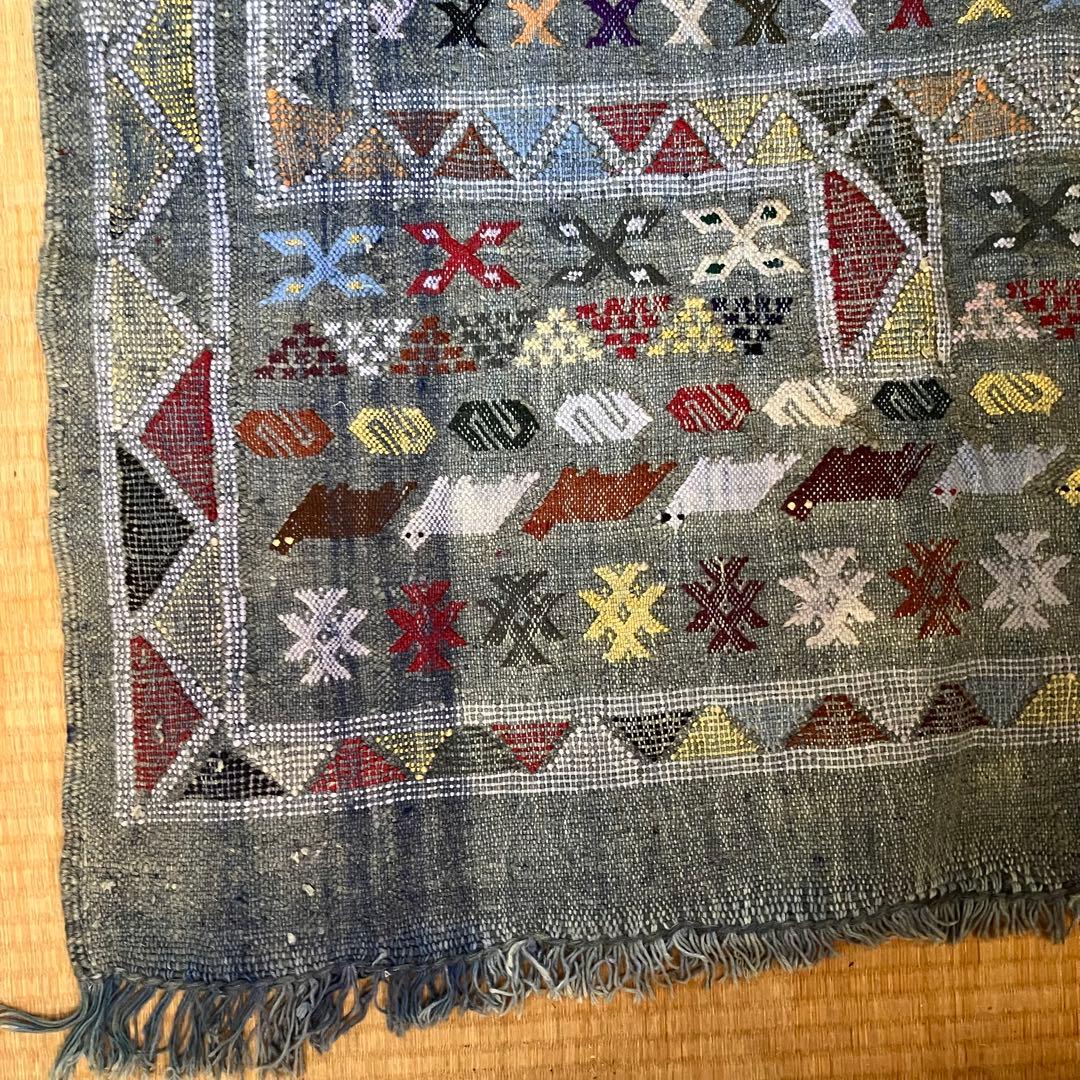 幾何学模様 手織り　ラグ　インディゴ　ヴィンテージ　キリム　デニム