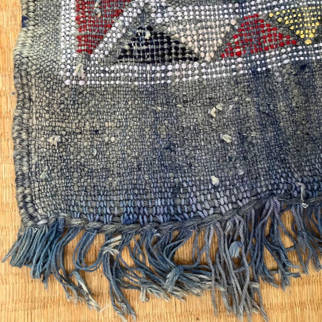 幾何学模様 手織り　ラグ　インディゴ　ヴィンテージ　キリム　デニム