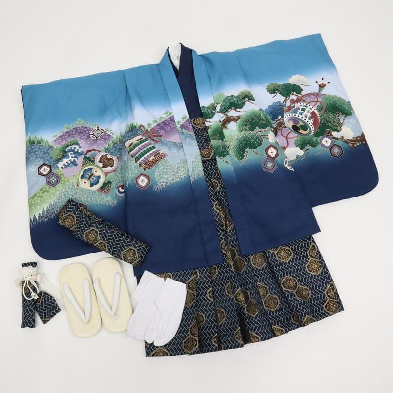 七五三　男の子　5歳　羽織袴フルセット　水色　馬に武将宝尽くし　8RA2