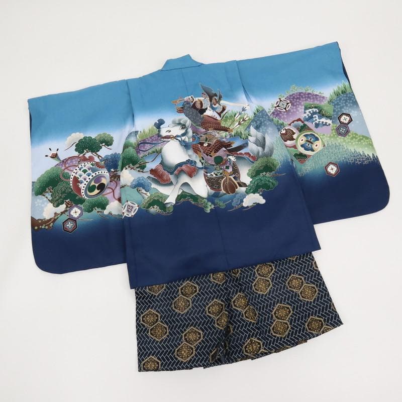 七五三　男の子　5歳　羽織袴フルセット　水色　馬に武将宝尽くし　8RA2