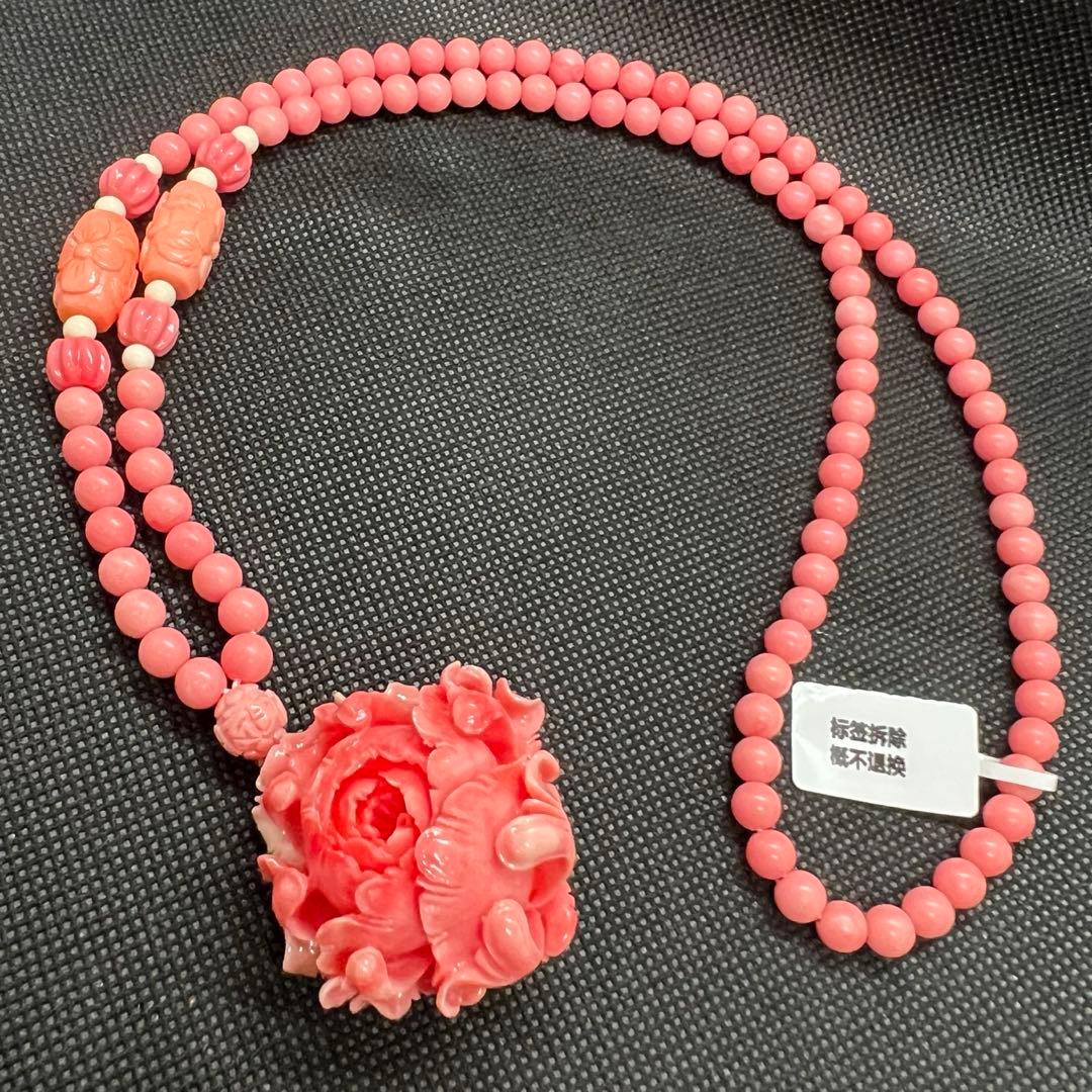 新品　天然珊瑚のバラ彫りピンクラウンドネックレス AB907