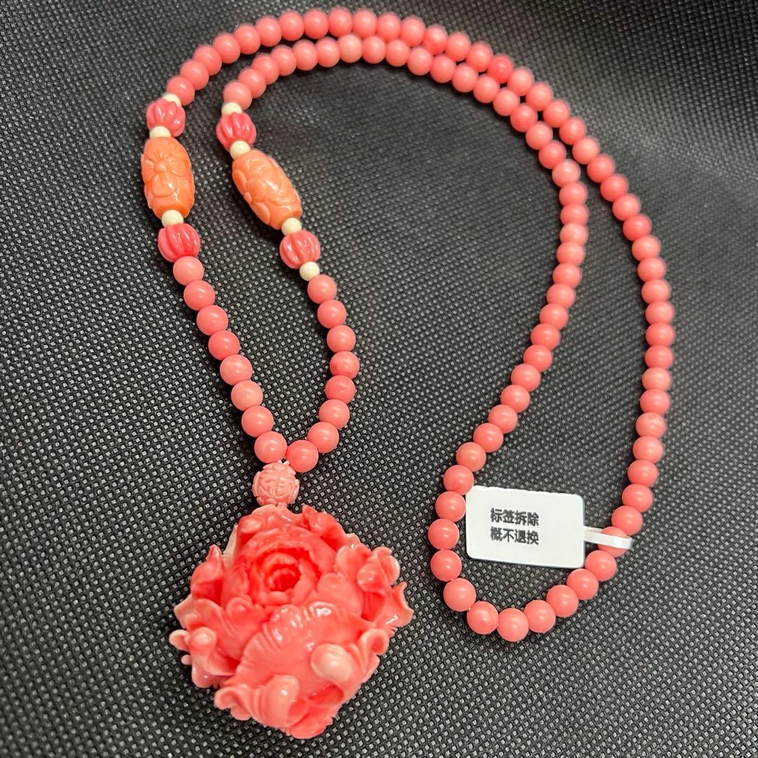 新品　天然珊瑚のバラ彫りピンクラウンドネックレス AB907