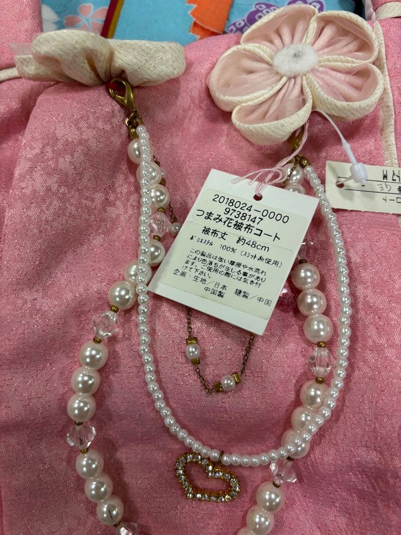 七五三　女の子　着物・被布セット　水色　桜　つまみ細工　チャーム　新品