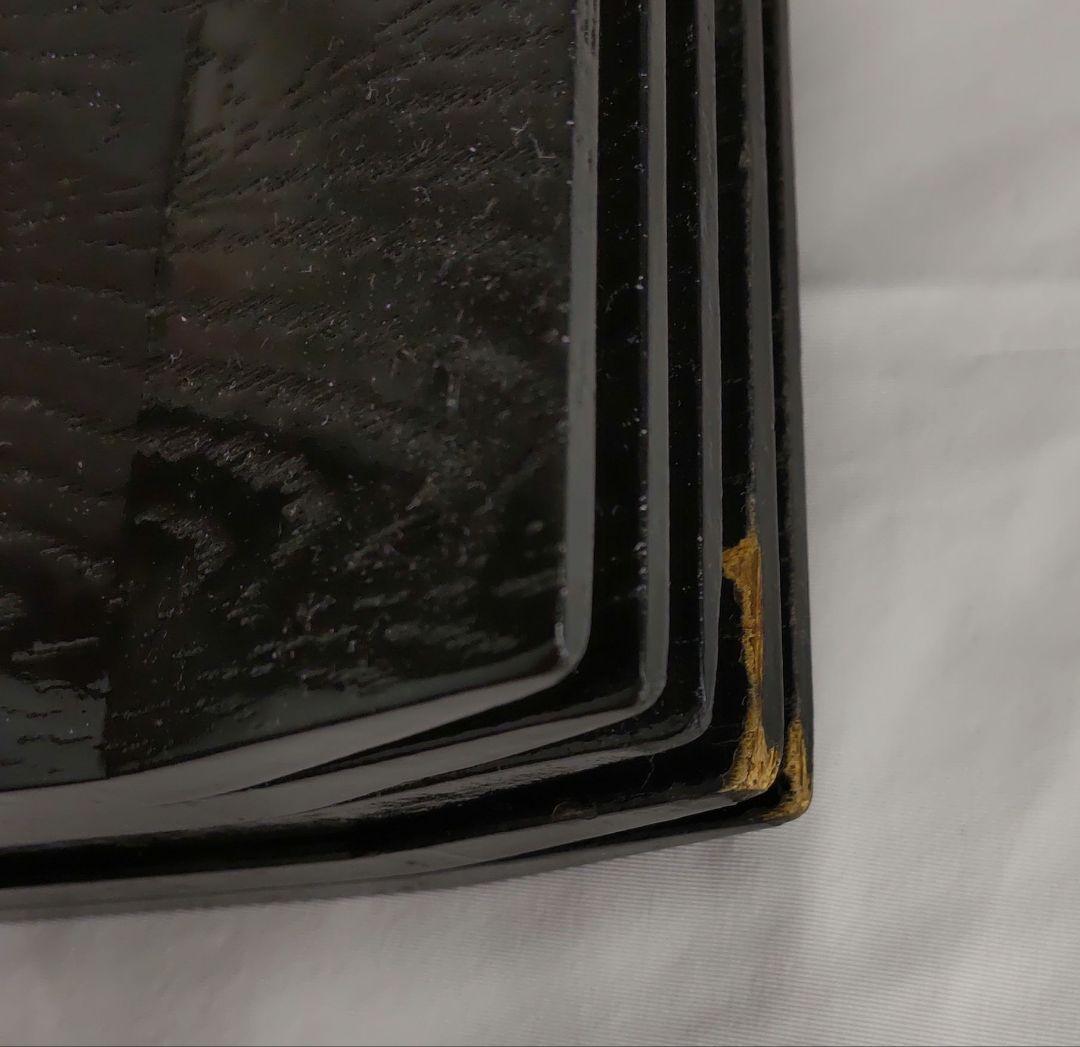 木目の美しい折敷　卓上膳　吹上型　天然木製　黒　漆塗り　５枚セット　共箱あり