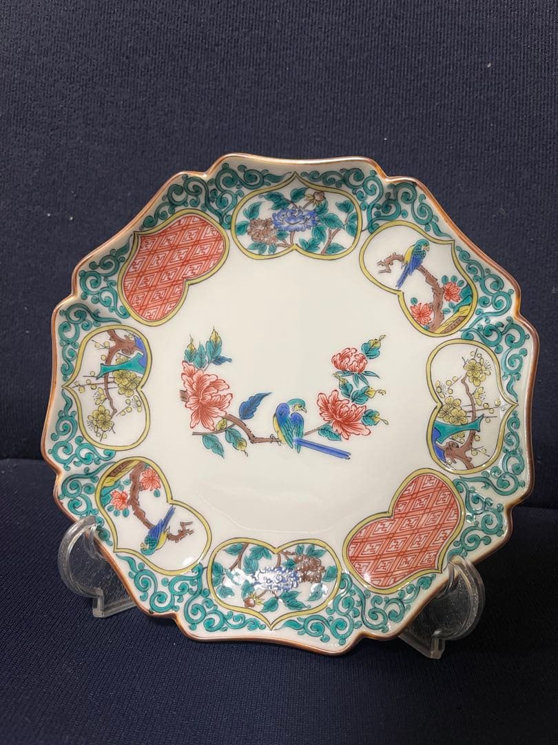 九谷焼　秋月　窓絵花鳥図　中皿　5枚セット