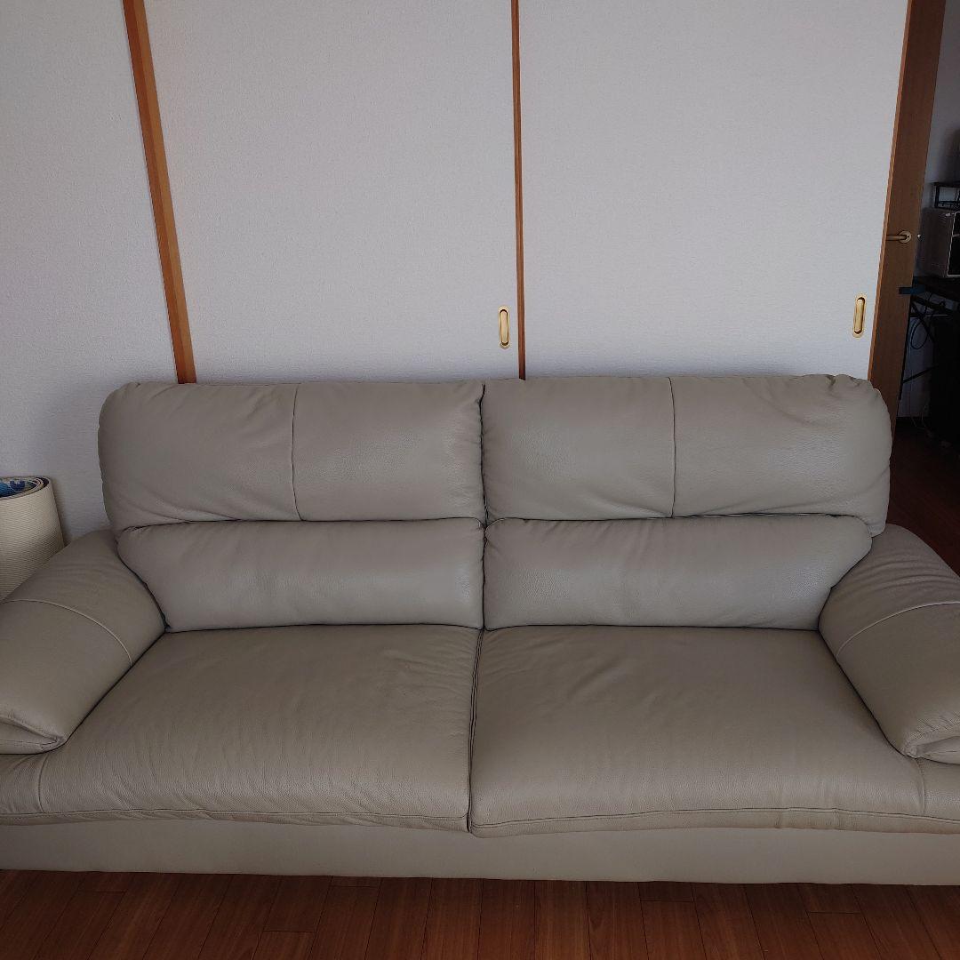 ライトグレー　座面本革　 3人掛け　ソファ