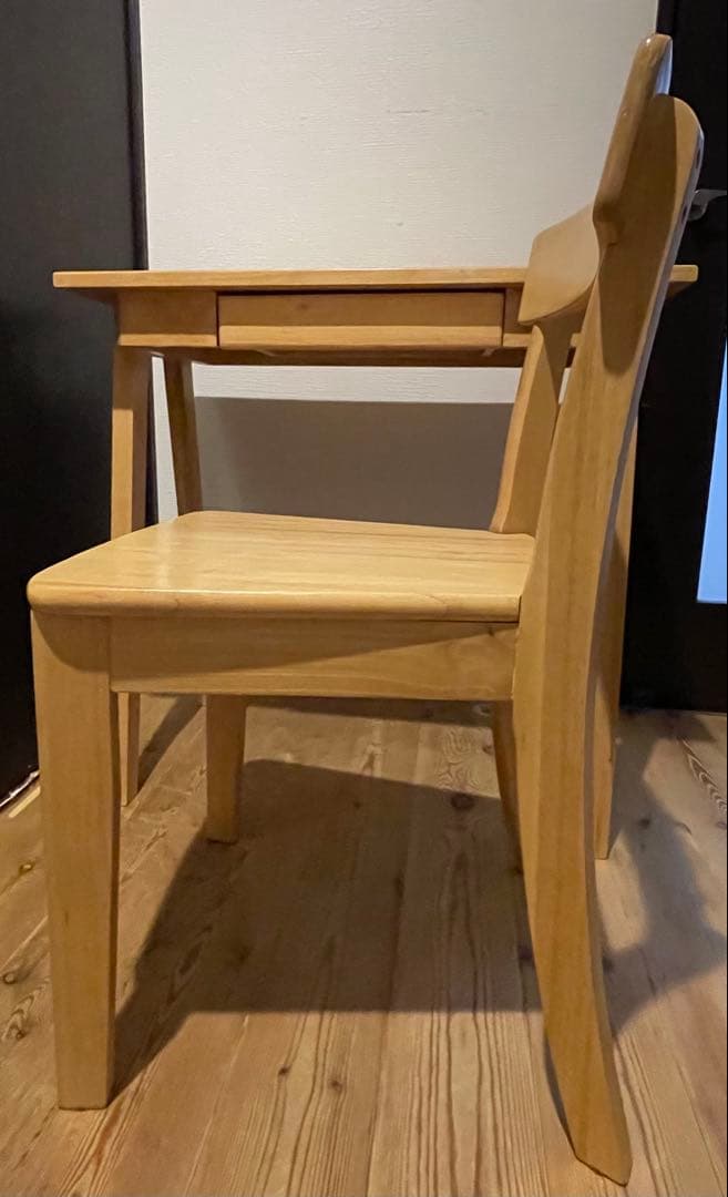 無垢材　タモ　学習机　ワークデスク　事務机　引き出し付　コンパクト　椅子付き