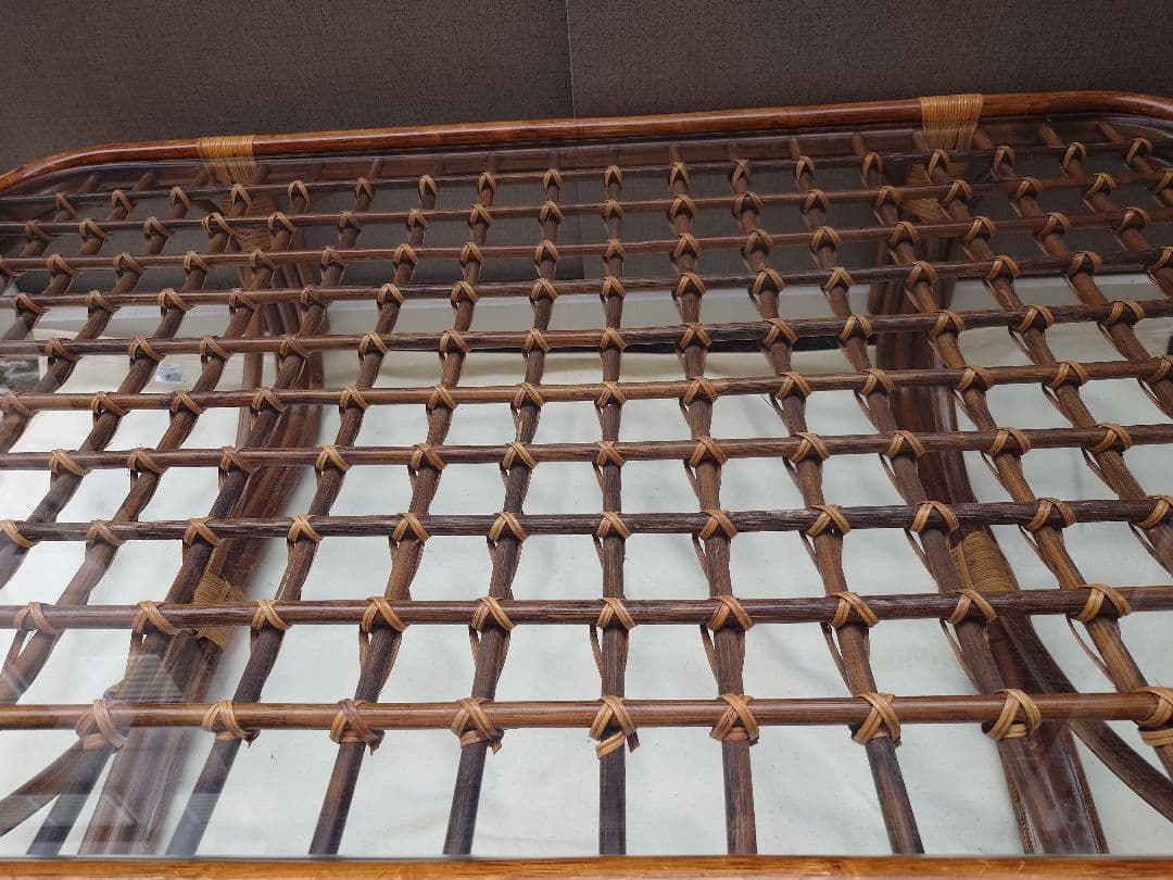 ラタン ガラス テーブル 座卓 卓袱台 机 藤 籐 木製 アンティーク レトロ