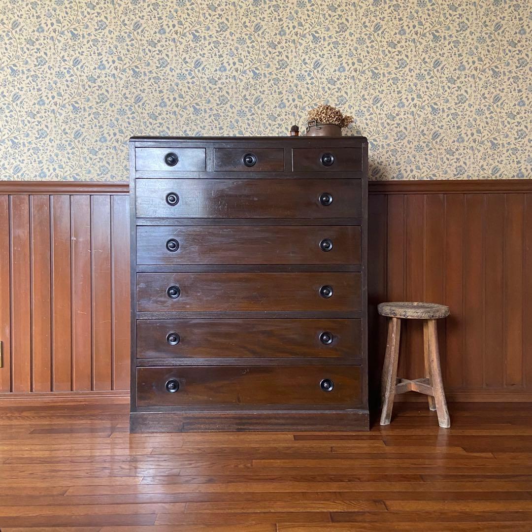 大正ロマン　アンティーク家具　6段　　丸摘みのチェスト