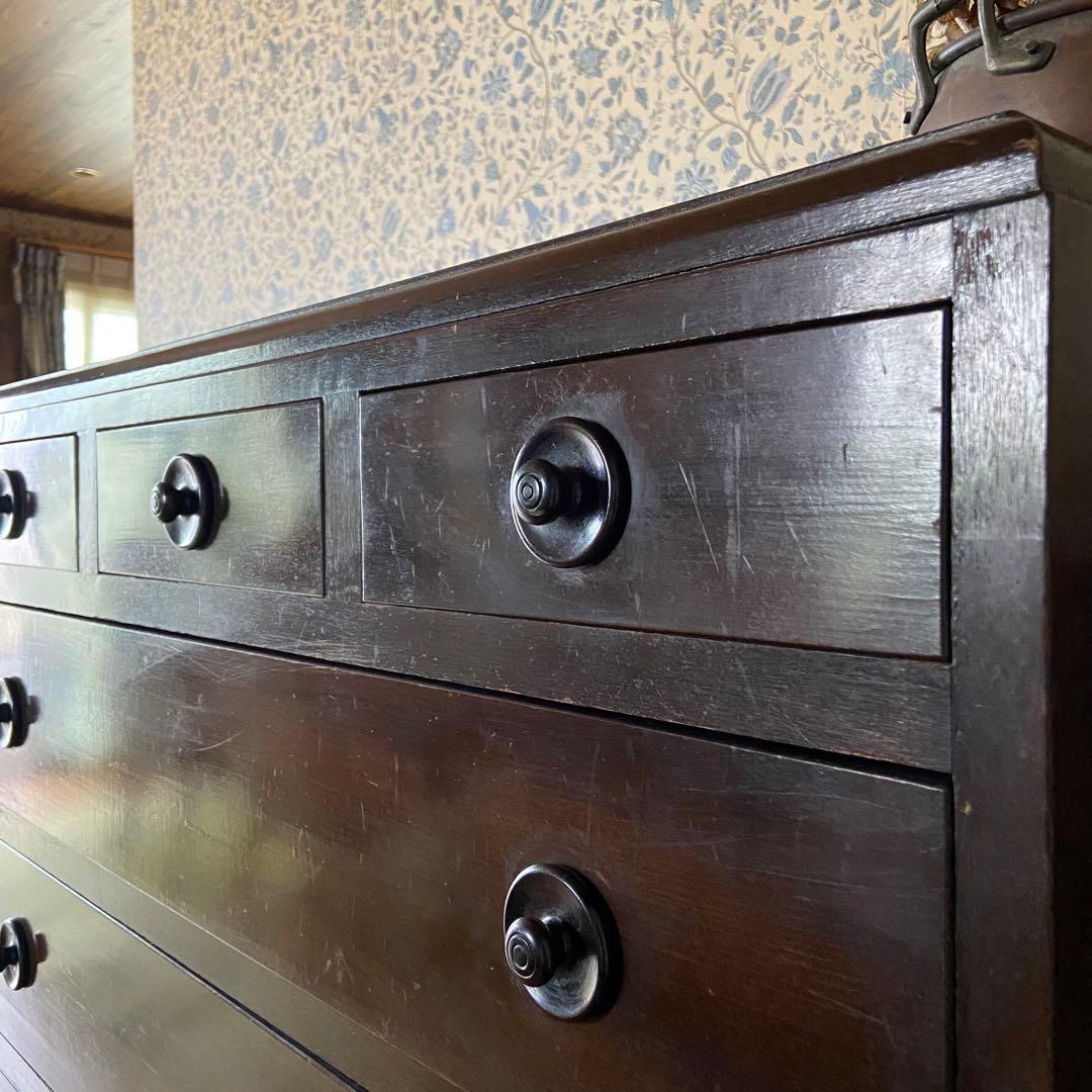 大正ロマン　アンティーク家具　6段　　丸摘みのチェスト