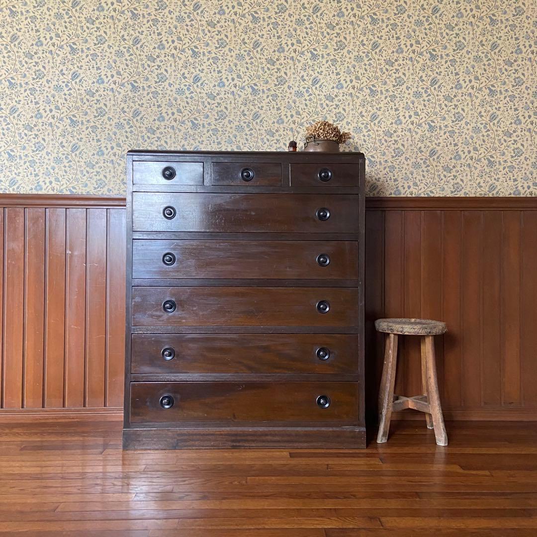 大正ロマン　アンティーク家具　6段　　丸摘みのチェスト