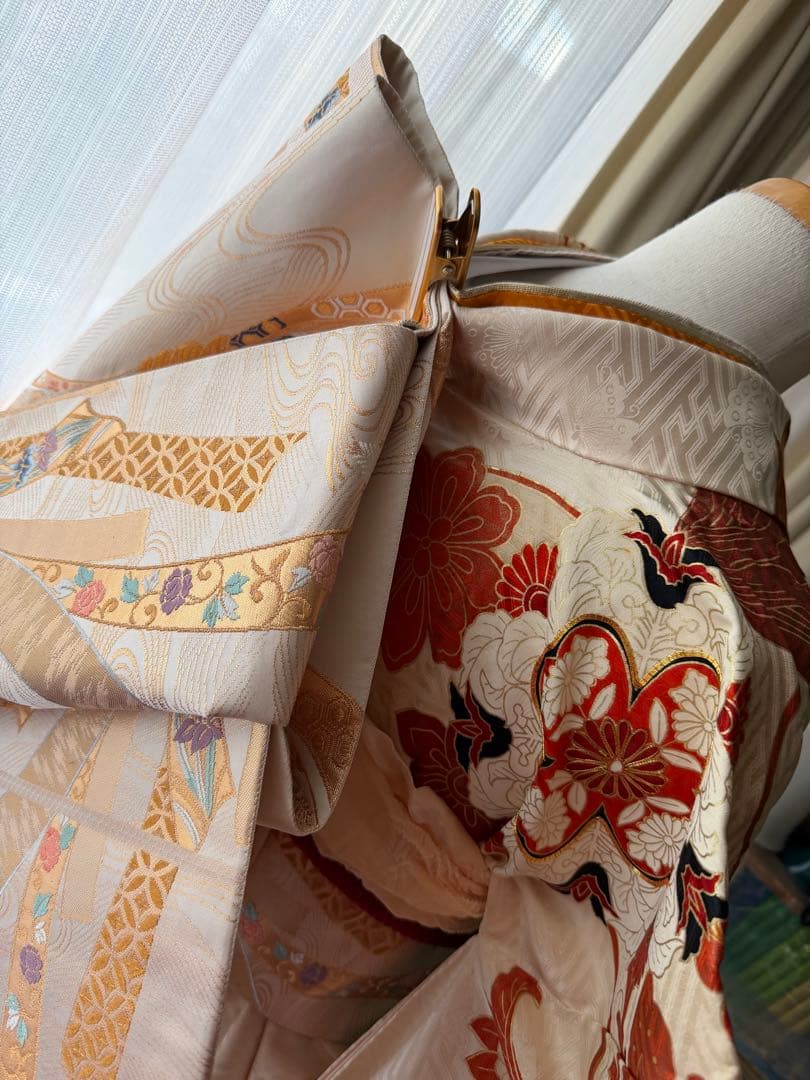 振袖フルセット アイボリーホワイト×オレンジ×ゴールド 金駒刺繍
