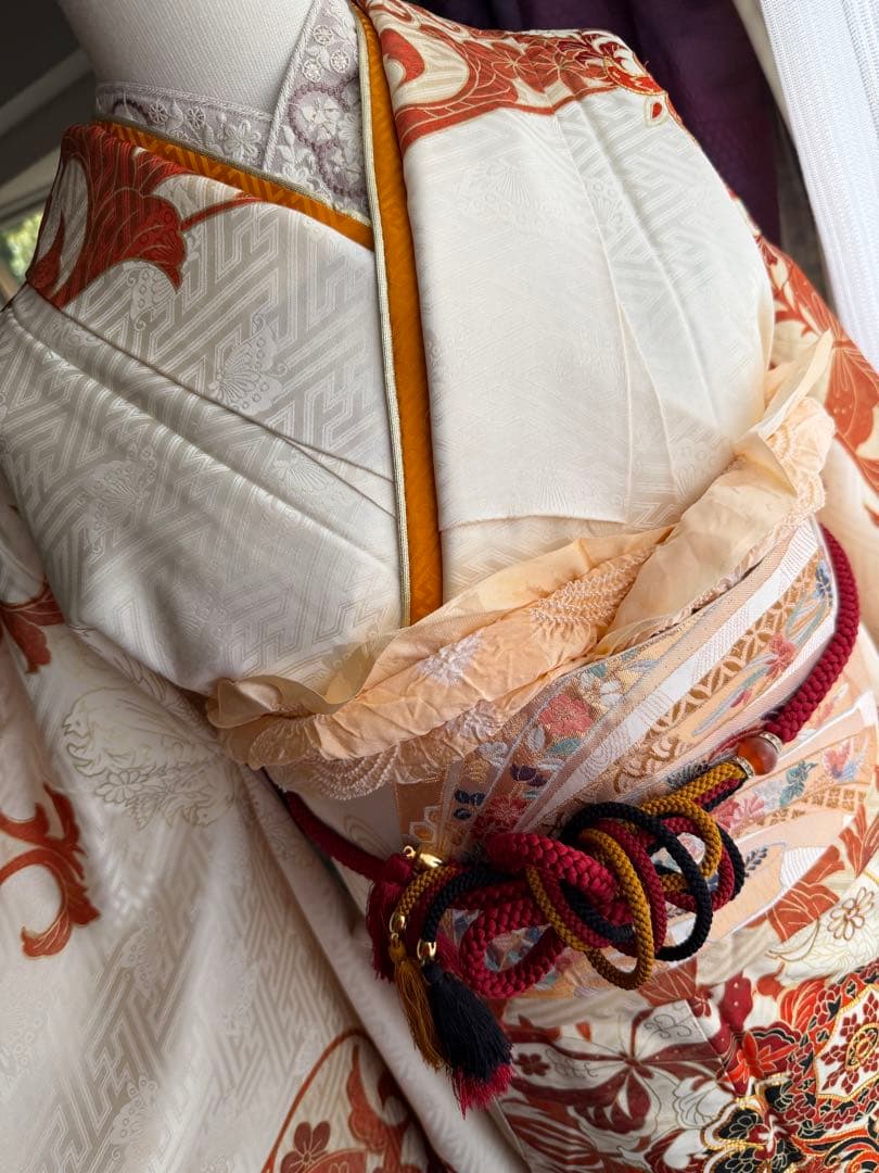 振袖フルセット アイボリーホワイト×オレンジ×ゴールド 金駒刺繍