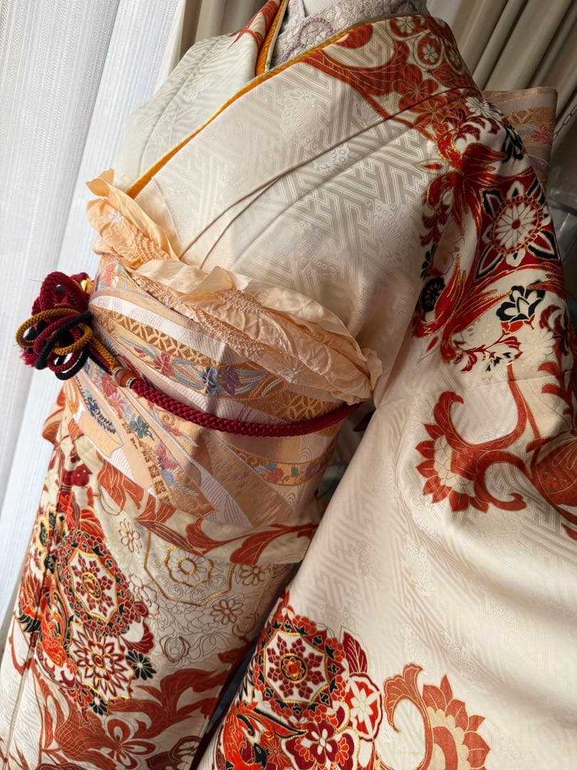 振袖フルセット アイボリーホワイト×オレンジ×ゴールド 金駒刺繍