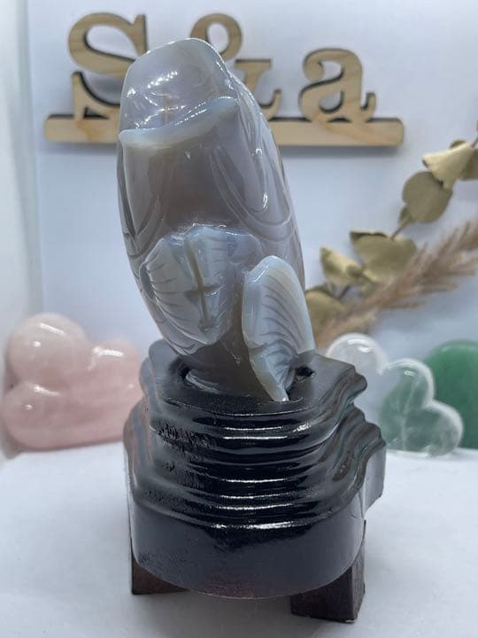 【602】水入り瑪瑙 魚型(台座付き)高級 珍品