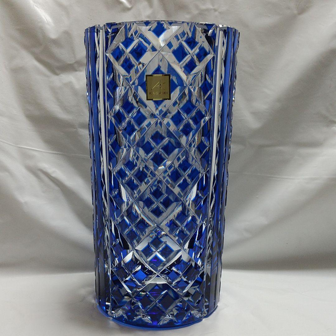 カガミクリスタル 青被せ江戸切子 花瓶 矢来重紋