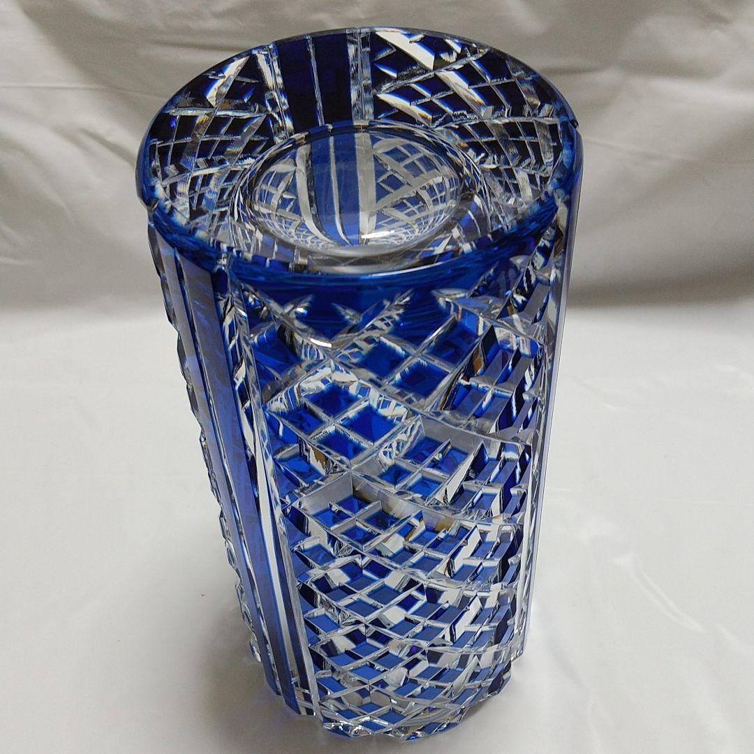 カガミクリスタル 青被せ江戸切子 花瓶 矢来重紋