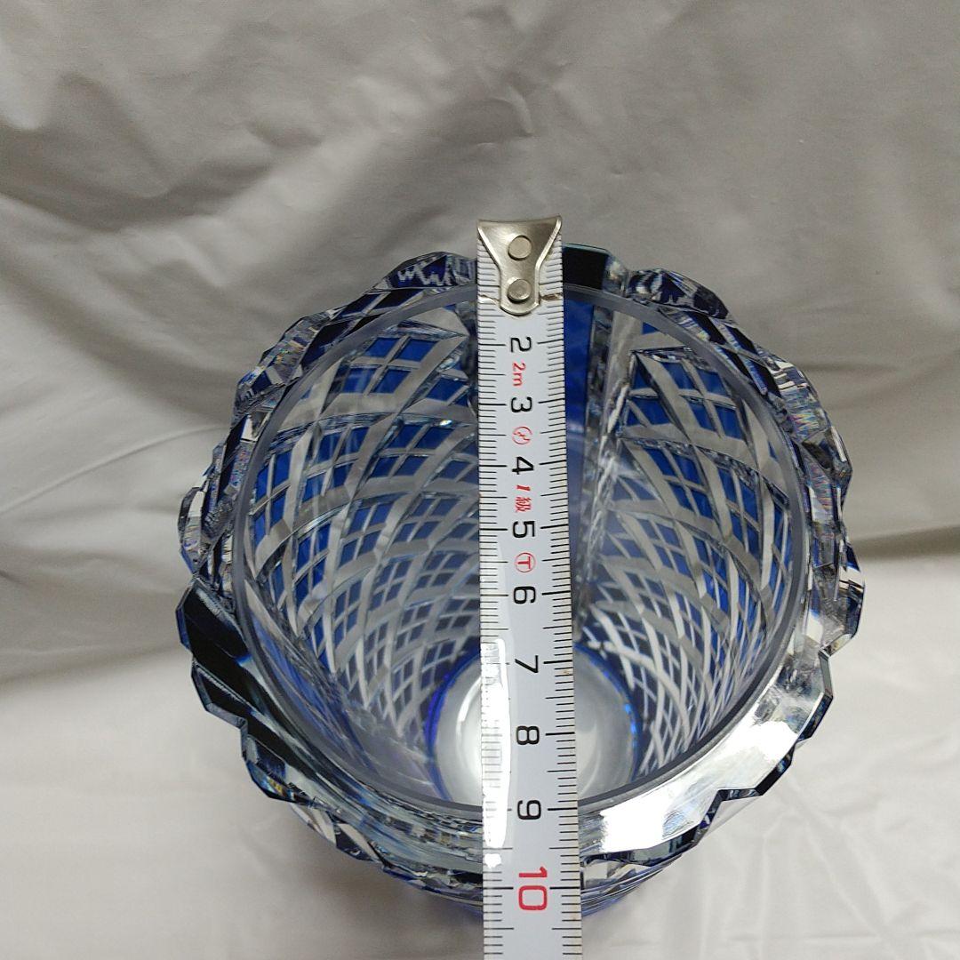 カガミクリスタル 青被せ江戸切子 花瓶 矢来重紋