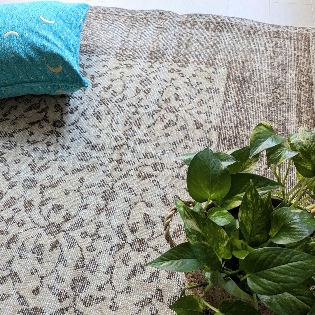 93×128 シンプルボタニカル　ベージュ×ブラウントルコヴィンテージラグ