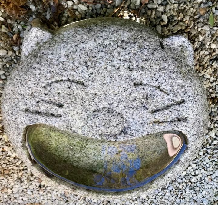 【天然御影石製猫の顔型水鉢・向鉢・蹲・オブジェ】造園水石飾り石バードバス