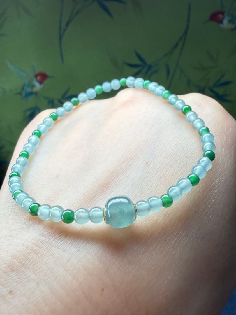 美品❣️天然本翡翠　高氷種、18k【転運】路路通双色小粒ブレスレット　鑑定書付き