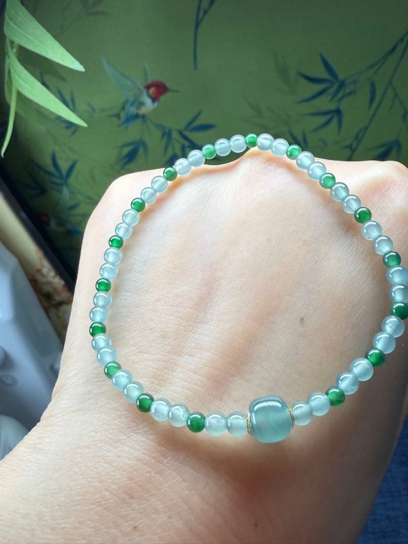 美品❣️天然本翡翠　高氷種、18k【転運】路路通双色小粒ブレスレット　鑑定書付き