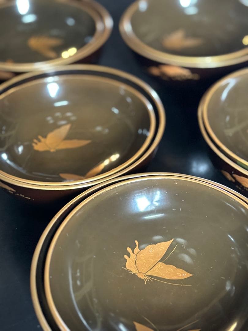アンティーク品　漆器椀　時代物　 京塗り7客セット 金色の菊花7種類の模様