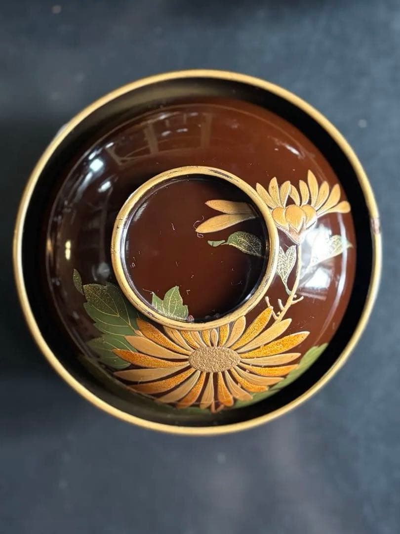 アンティーク品　漆器椀　時代物　 京塗り7客セット 金色の菊花7種類の模様