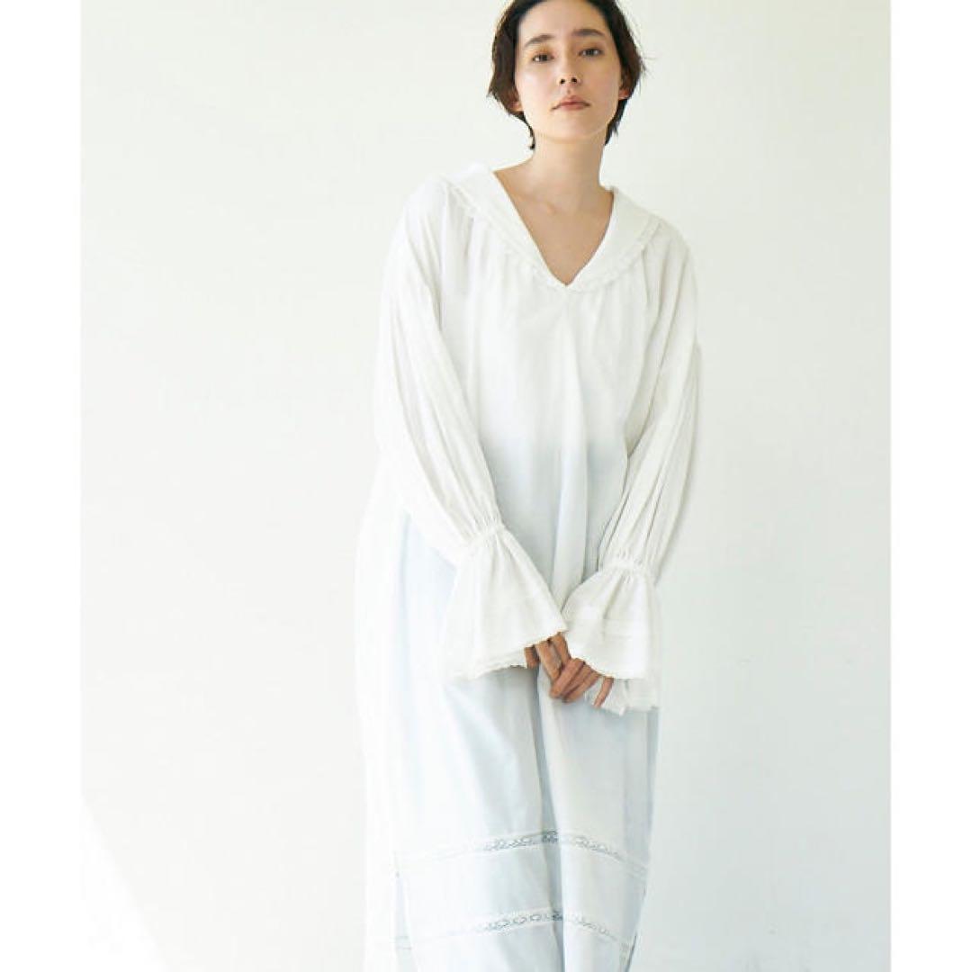 フリルカラーカフタン　コットンレースワンピース