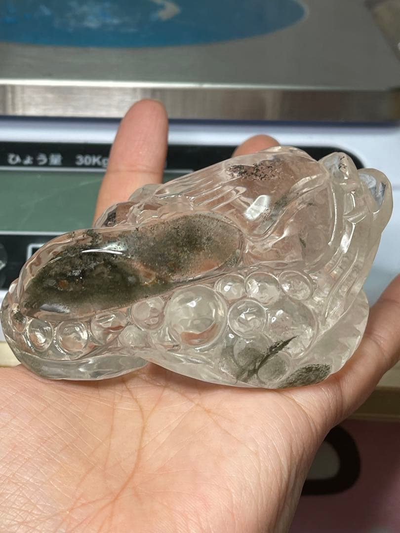 高透明❣️天然石 緑幽霊　グリーンファントム水晶 ゼニガエル 金蟾 手彫り置物