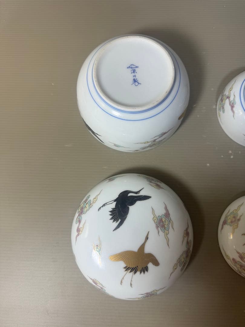 2619 深川製磁  金彩雲鶴図  蓋物  ボンボニエール 大小 菓子器　2客