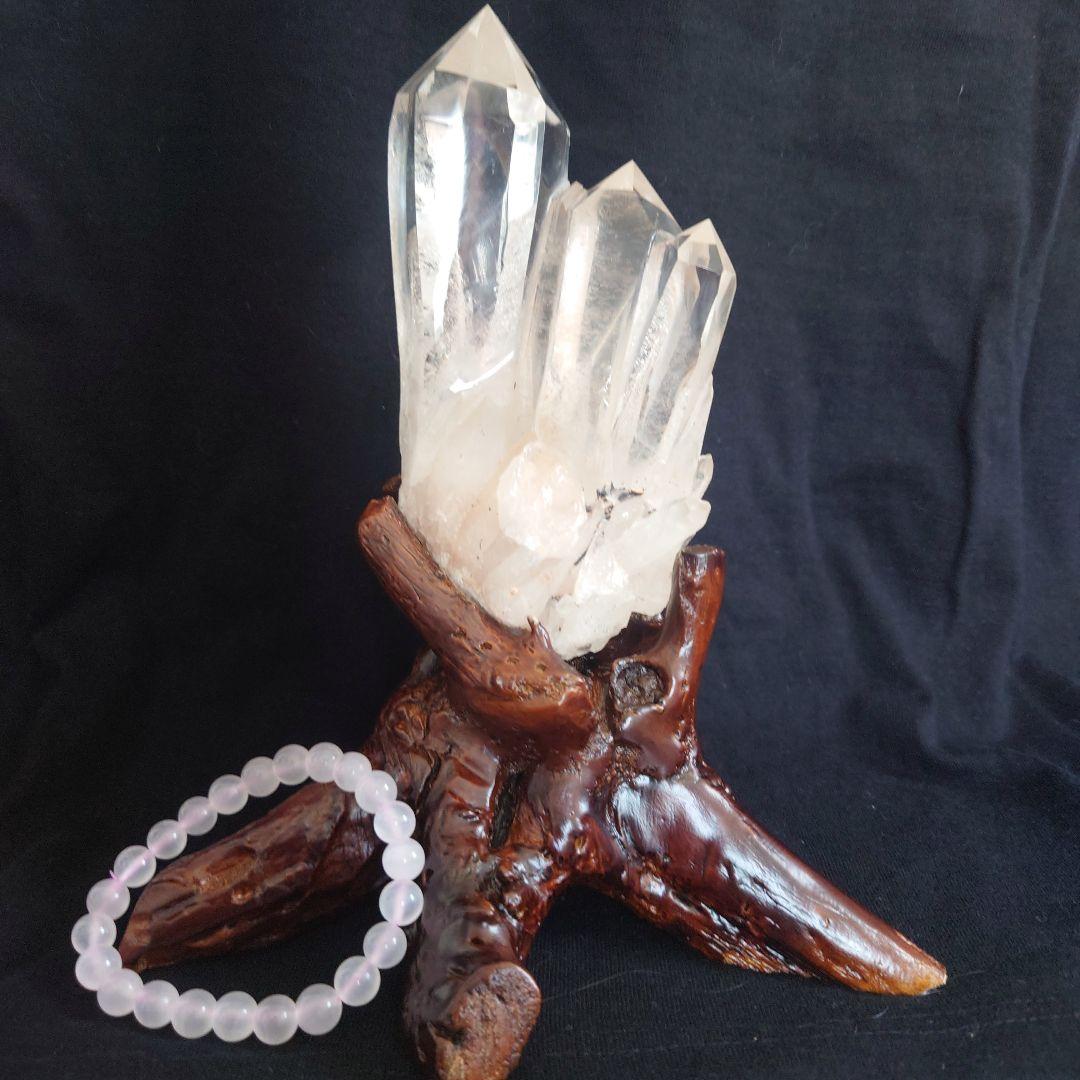 ヒマラヤ水晶クラスター木製台座付き&ピンクカルサイトブレスレット8mm