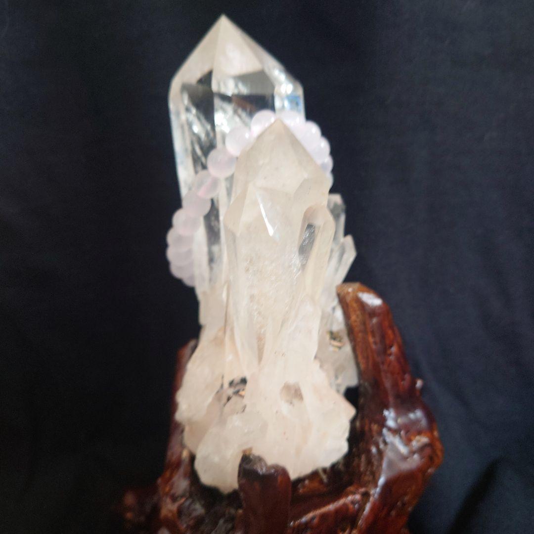 ヒマラヤ水晶クラスター木製台座付き&ピンクカルサイトブレスレット8mm