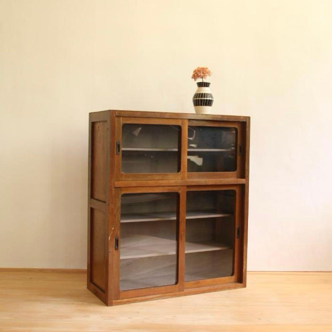 ガラス棚　食器棚　収納棚　本棚　棚　木製　古道具　古家具　ビンテージ　レトロ