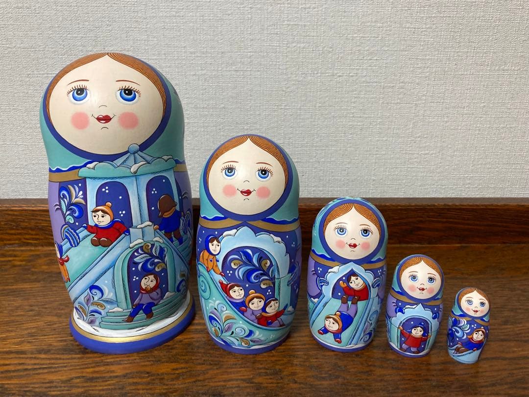 ロシア雑貨☆ウインターマトリョーシカ5P『氷の街 (Ice city)』オリガ作
