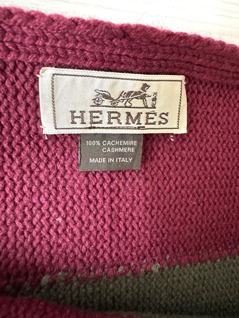 HERMES 100%カシミヤ マフラー バーガンディ/グレー