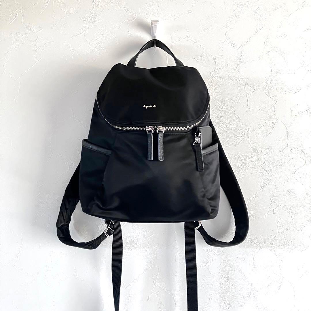 【美品】agnes b. ナイロンブラックバックパック ポーチ付　アニエスベー