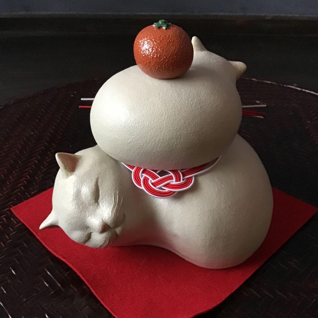 猫鏡餅(*´꒳`*) セパレートタイプ　白猫親子　蜜柑