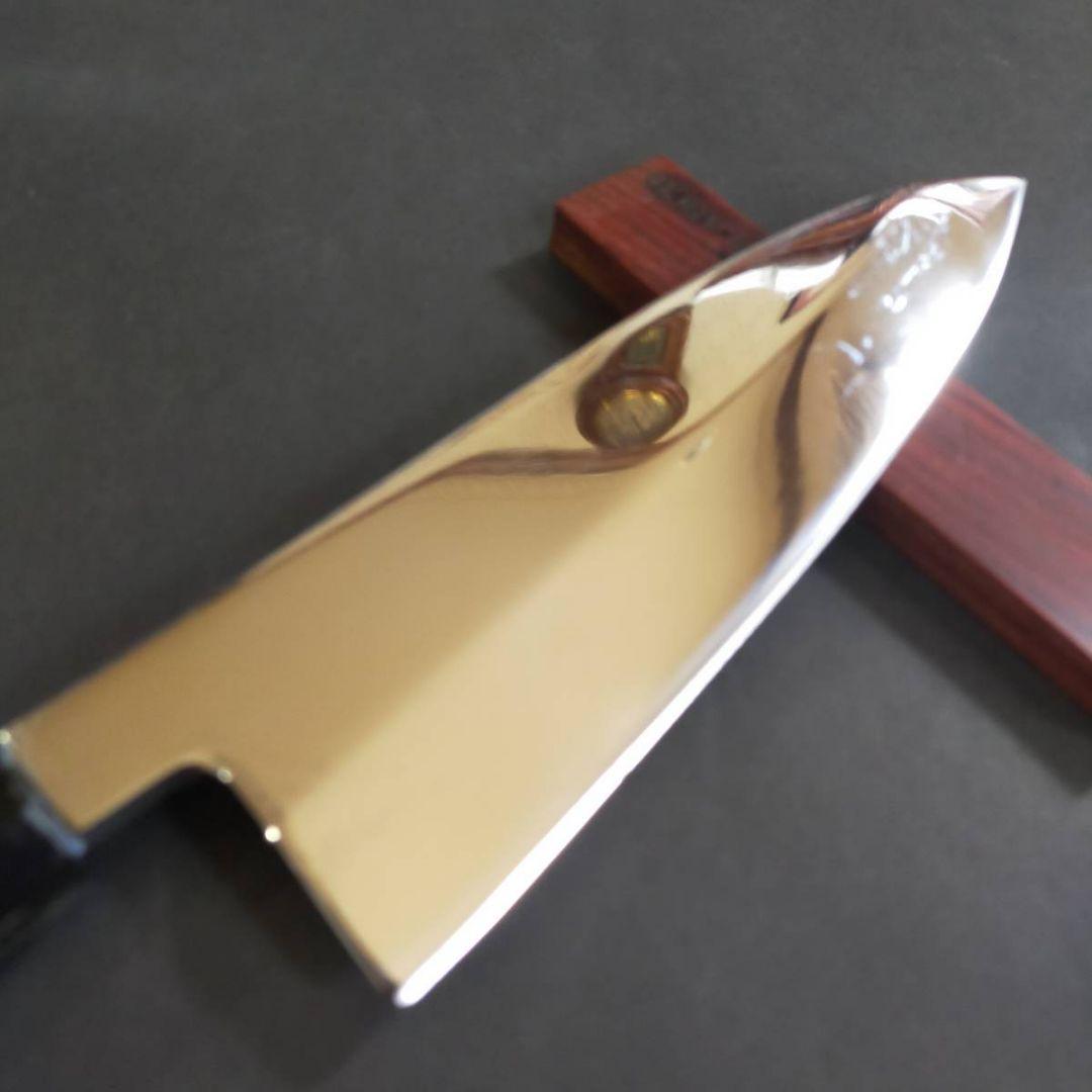 スーパー鏡面V金10号出刃包丁195mm 黒檀黒水牛銀巻八角柄